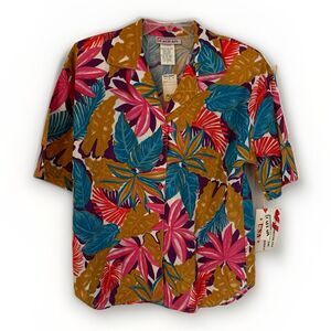 Vintage Cabrais Hawaiian Floral Print Shirt Size 12 New USA 80s Surfer Tropical